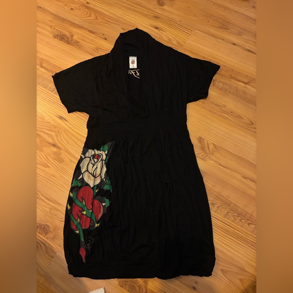 Ed Hardy Black bodycon dress with Cream Graphic Script short length